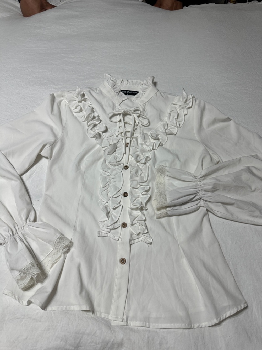 Lace-Trim Ruffled Button-Up Blouse in White